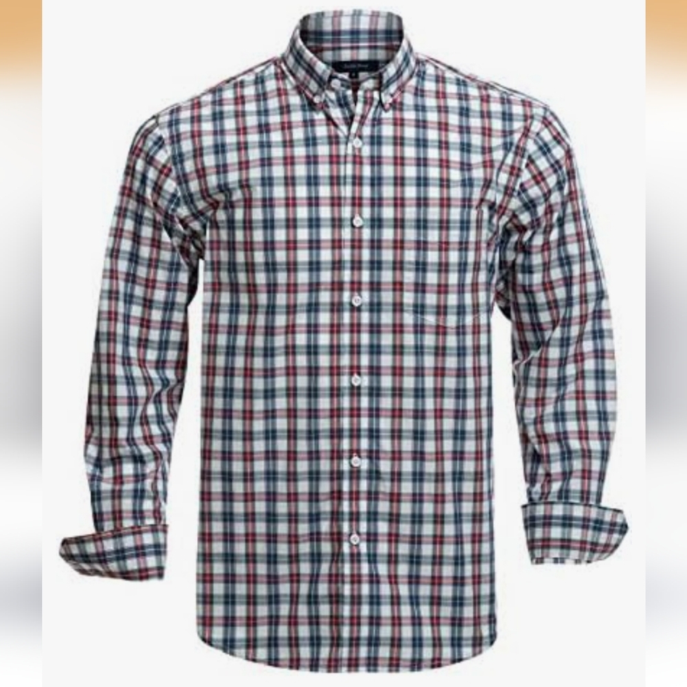 Men's Plaid Button-Down Shirt - White, Navy & Red
